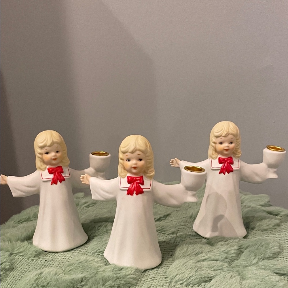 Set of Three porcelain choir girl candleholders  with Red Bows